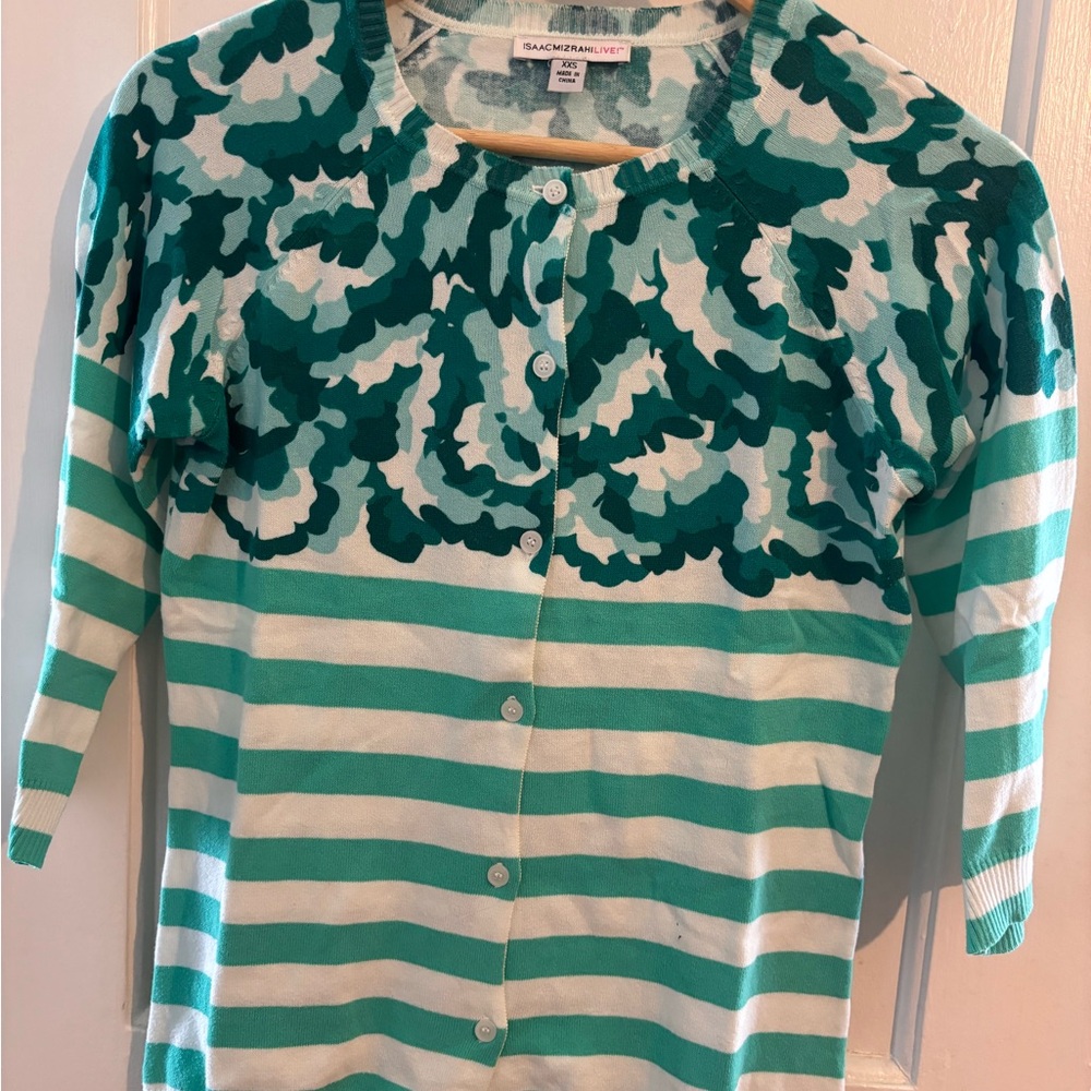 Isaac Mizrahi Green and White Striped Cardigan